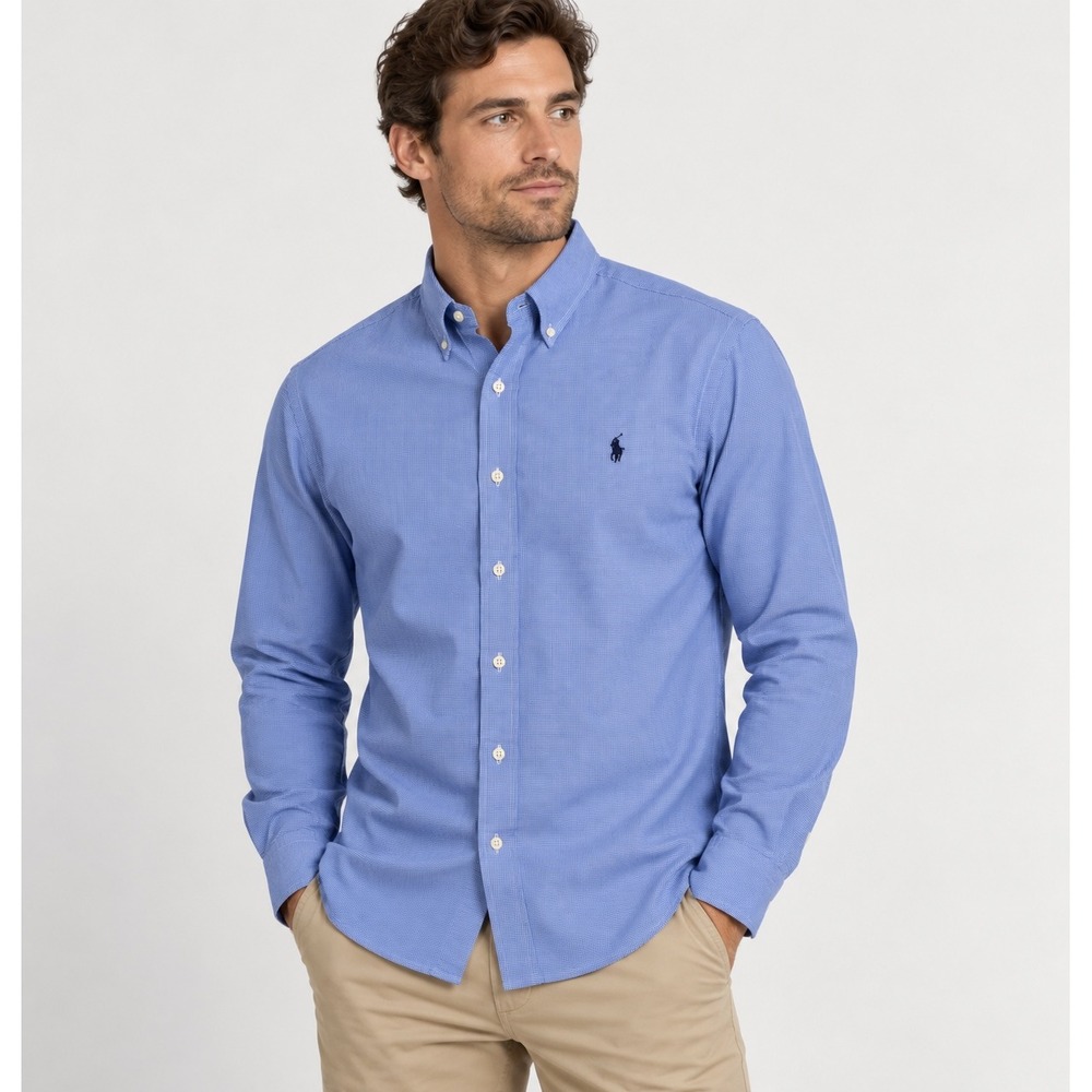 Polo Ralph Lauren Mens Blue White Micro Check Cotton Button Down Shirt Large